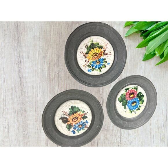 3 Vintage Floral German Coaster Set | Porcelain Drink Coasters Hand Painted - Picture 2 of 5